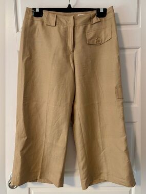 David N Beige Linen Wide-Leg Capris – Casual Women's Cargo Capri Pants